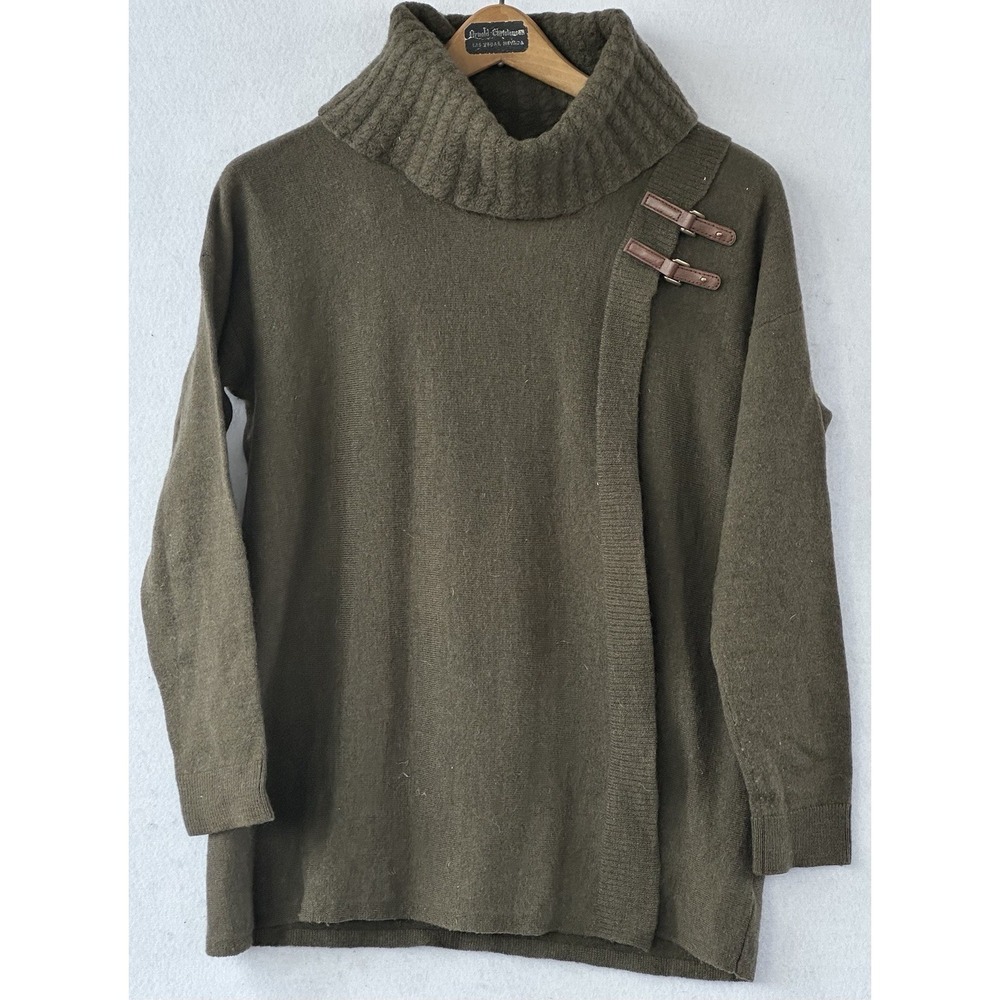 Ellen Tracy Wool Buckle Cowl Neck Sweater Womens L Green Excellent